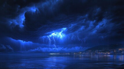 A stormy night sky over a body of water with buildings in the distance, AI