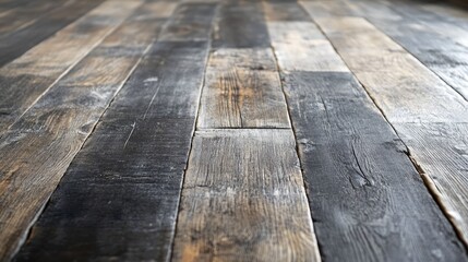 A detailed view of distressed wood flooring, with worn textures and vintage appeal.