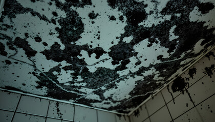 Dirty scary black mold on bathroom ceiling from wet moisture danger from lung disease isolated with white highlights, png