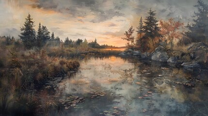 Canvas Print - Tranquil Forest Lake at Sunset.