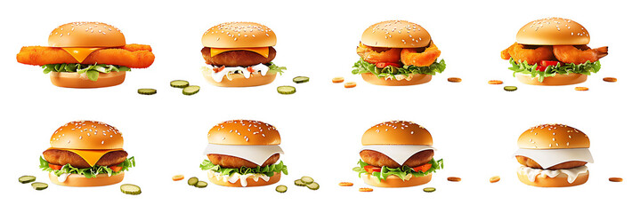 Wall Mural - Set of single and double fish fillet burger on transparent background