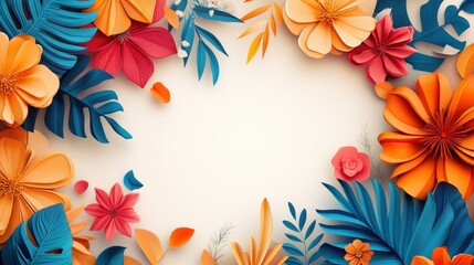 Colorful Paper Flower Frame with Tropical Leaves on White Background - Vibrant Floral Border Design for Creative Projects