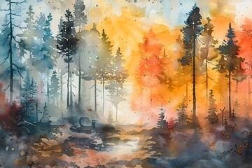 Canvas Print - Watercolor Forest Landscape with Orange Sky.