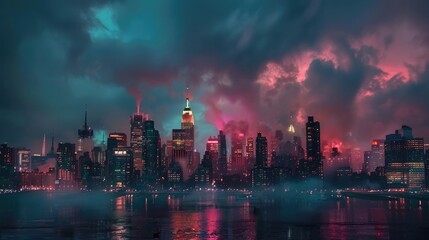 city night time. manhattan skyline and colourful city lights in new york