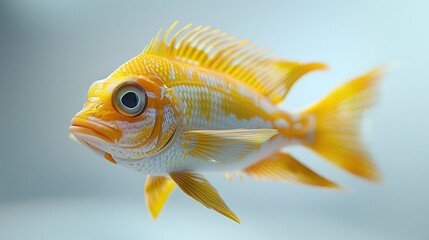 Wall Mural - Close-up of a vibrant goldfish with shimmering scales and flowing fins against a white background.