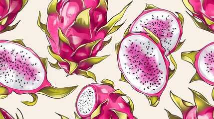 Wall Mural - Seamless Pattern of Dragon Fruit with Green Leaves and Slices on a Light Background.