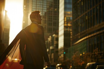 A businessman walking down a busy city street, wearing a suit and tie