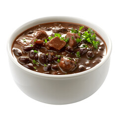 Wall Mural - Cozy beef and bean stew topped with fresh parsley, presented in a white bowl against a clear backdrop, ideal for food photography