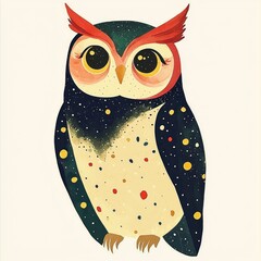 Wall Mural - Colorful Owl Illustration with Red Feathers and Polka Dots