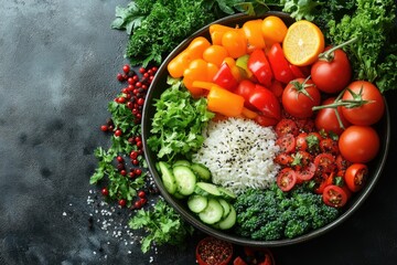 Wall Mural - Colorful Vegetables and White Rice in a Bowl, Overhead Shot with Copy Space on the Right