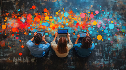 Three people are sitting on the floor, each with a laptop in front of them. The laptops are open and they appear to be working on something together. The room is decorated with colorful dots