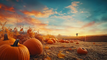 charming background for halloween with a pumpkin patch under a twilight sky, pumpkins of various siz