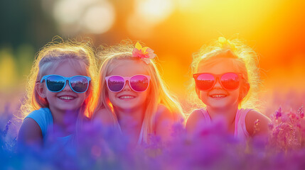 Poster - Three young girls are sitting in a field with sunglasses on. They are smiling and seem to be enjoying the sunny day