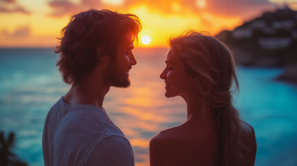 Poster - A couple is standing on a beach, looking at the sun as it sets. Scene is romantic and peaceful