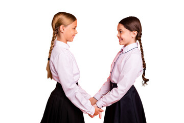 Poster - Profile side view of two person nice attractive charming cute lovely winsome adorable cheerful cheery friendly pre-teen girls holding hands isolated over bright vivid shine orange background