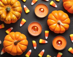 Creative concept image of halloween decorations pumpkins candies and candles celebrating holiday on black flat lay background.