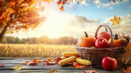 Poster - A basket of apples and corn on a wooden table, AI