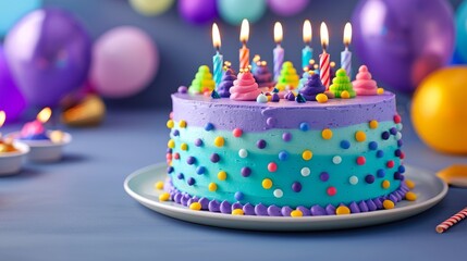 A vibrant birthday cake adorned with colorful frosting, sprinkles, and candles, perfect for celebrations and joyful moments.