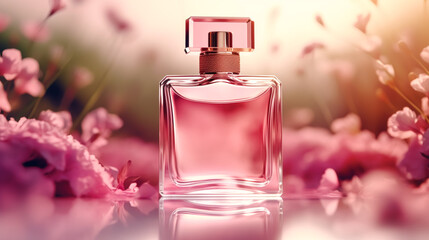 Wall Mural - Luxurious floral scent, fragrance bottle and pink flowers, perfume commercial in flower garden, bespoke perfumery and beauty product sale, post-processed, generative ai