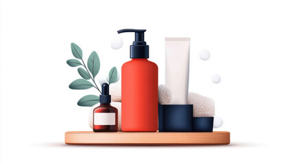 Skincare products with green leaves and towels on a wooden shelf, representing self-care and beauty routines.