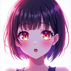 Bright and charming short-haired anime girl face with dynamic hues on a white backdrop, perfect for digital artwork or clothing designs. anime fan art. Illustration 