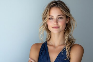 Wall Mural - Confident Woman in Blue Dress with Arms Crossed, Poised and Elegant on Transparent Background