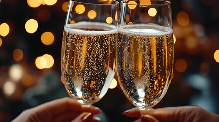 Two champagne flutes filled to the brim, held by hands with blurred golden bokeh lights in the background.