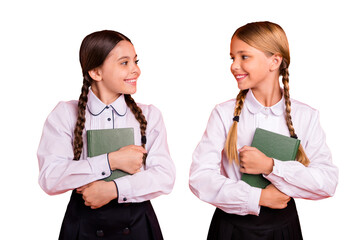 Sticker - Portrait of two person nice-looking attractive lovely sweet charming cute cheerful pre-teen girls learners holding lesson course materials in hands isolated over bright vivid shine orange background