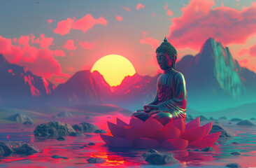 Wall Mural - A Buddha sitting on a lotus flower with the sun setting behind him, mountains in the background, and a colorful sky