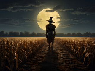 Wall Mural - scarecrow in the field,halloween witch flying over the moon,jesus on the cross,halloween night scene with bats