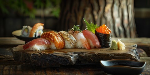 Wall Mural - Japanese Cuisine Served on Traditional Wooden Plate