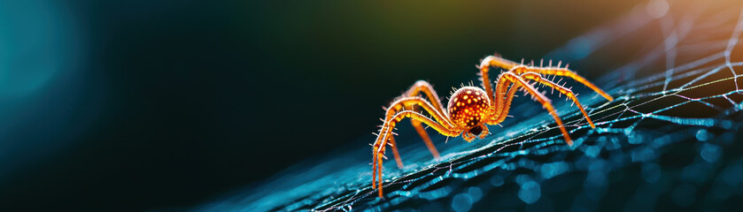 Close-up of a spider on its intricate web, with a beautiful bokeh background creating a captivating and eerie atmosphere.