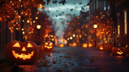 Modern background for Halloween with a city street at dusk, pumpkins and Halloween decorations lining the sidewalks, streetlights casting a soft glow, and space for event announcement or logo.