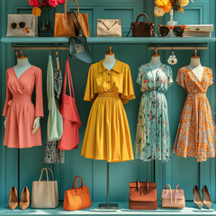 design an image showcasing a chic fashion boutique with mannequins dressed in trendy seasonal outfit