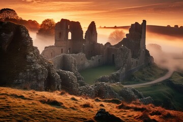 Wall Mural - Ruined castle walls enveloped in golden hour mist