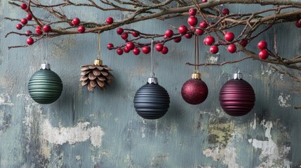 Sticker - A bunch of ornaments hanging from a tree branch with berries, AI