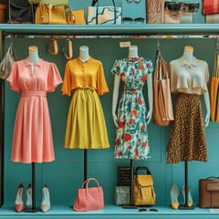 Design an image showcasing a chic fashion boutique with mannequins dressed in trendy seasonal outfits. Include a variety of clothing styles, from casual wear to formal attire, with accessories like sh