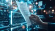 © kinara art design - A hand holding a document in front of a computer screen with blue glowing lines.