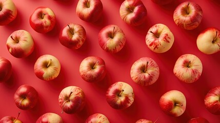 Red and Yellow Apples on Red Background.