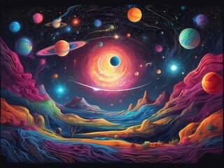 Canvas Print - Stunning illustration of a cosmic dreamscape with glowing planets and radiant star clusters, glowing in the dark with colorful multicolor light, centered on a black background