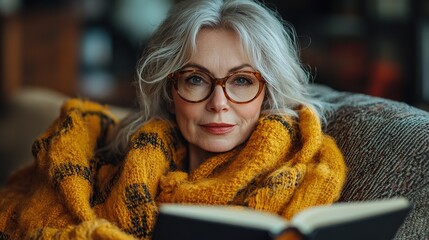 Wall Mural - A beautiful mature woman feels cozy and happy as she relaxes at home reading a book, enjoying a weekend activity intended for older women.