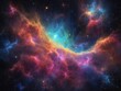 © xKas - Stunning illustration of a cosmic nebula with radiant star clusters and glowing dust, glowing in the dark with colorful multicolor light, centered on a black background