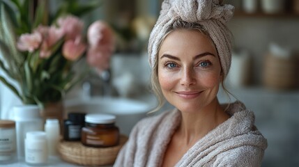 Wall Mural - In the bathroom, a beautiful senior woman in a bathrobe follows her morning routine by applying natural cream as part of her skincare regimen.