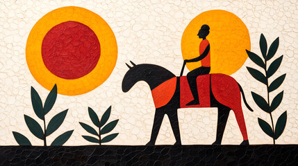 Wall Mural - A bold and colorful abstract painting of a person riding a horse with the sun behind them.