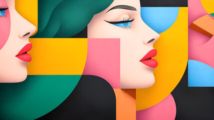 Wall Mural - Abstract Female Faces with Geometric Shapes and Vibrant Colors - Perfect for Modern Design Projects