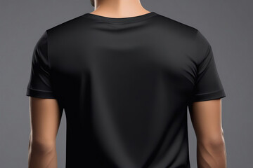 Rear view of a man wearing a plain black t-shirt.