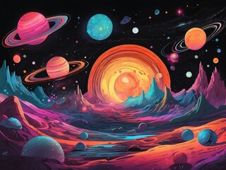 Wall Mural - Stunning illustration of a cosmic landscape with glowing planets and swirling galaxies, glowing in the dark with colorful multicolor light, centered on a black background