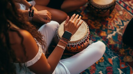 Wall Mural - A close-up photo of a woman's hands playing an African drum.