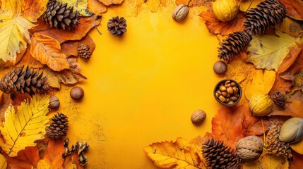 Sticker - A picture of a yellow background with autumn leaves and nuts, AI