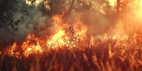 Sticker - Spring forest fire dry grass and trees engulfed in smoke and flames